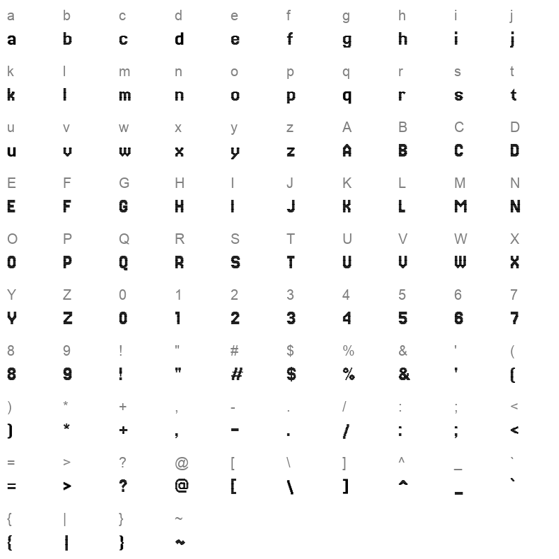 Jersey 20 Regular Character Map