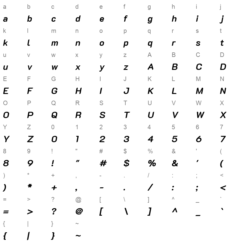 K2D Bold Italic Character Map