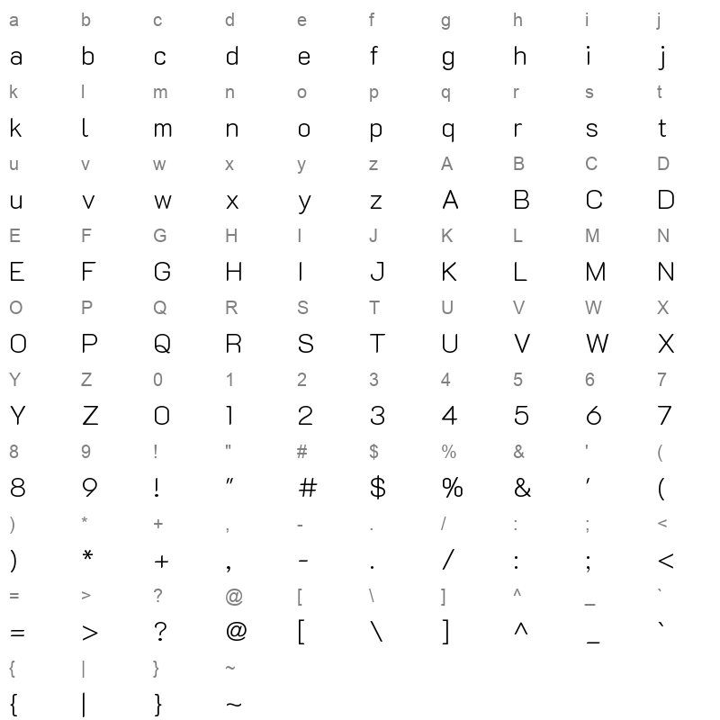 K2D ExtraLight Character Map