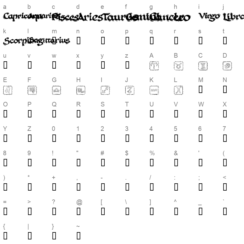 KR Astro 1 Regular Character Map