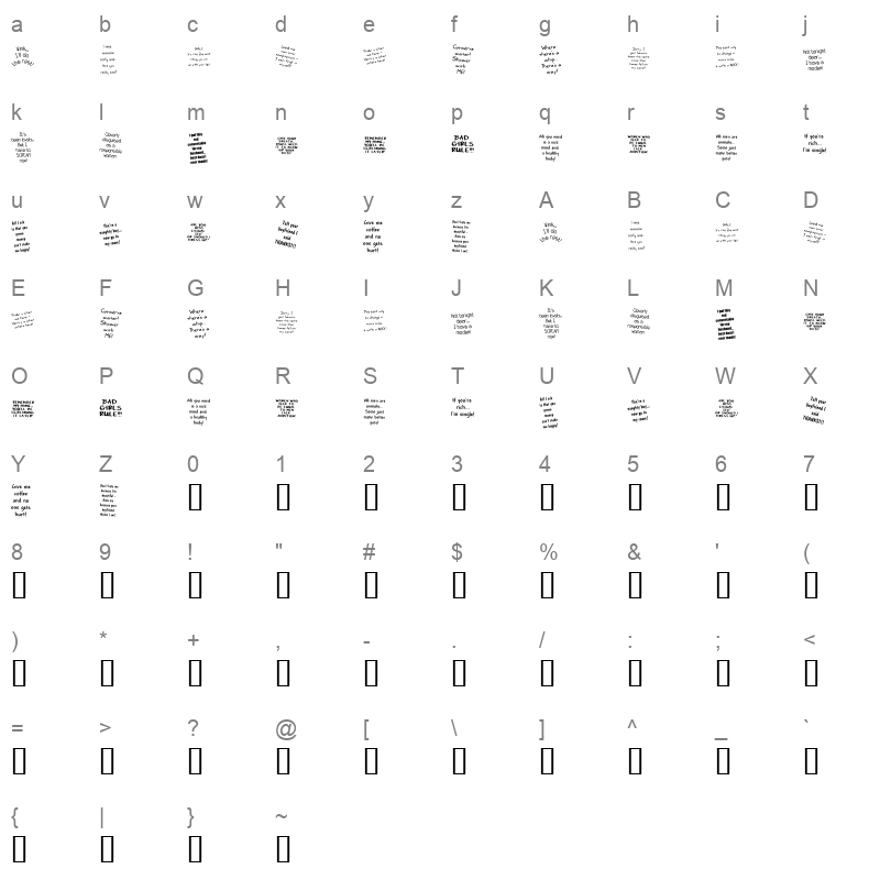 KR Bad Girlz Regular Character Map