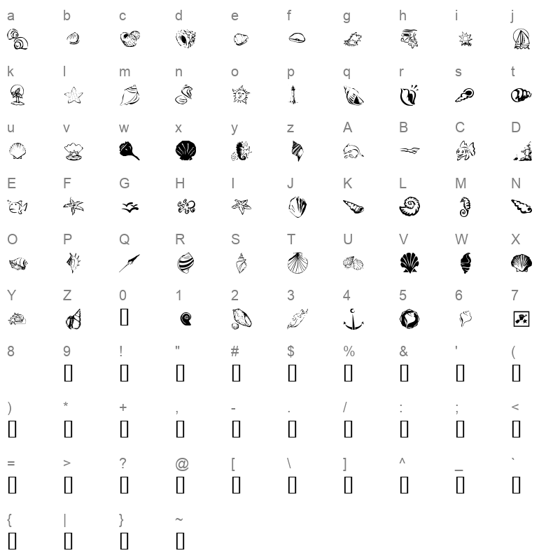 KR Down By The Sea Regular Character Map