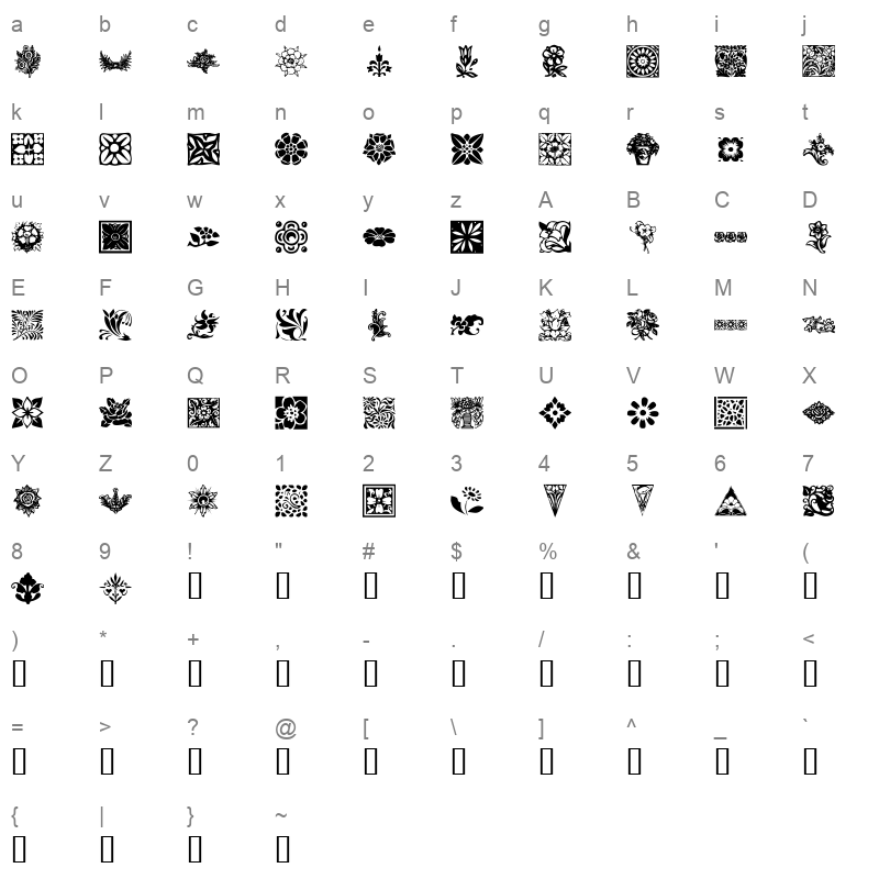 KR Fleurish Floral Regular Character Map