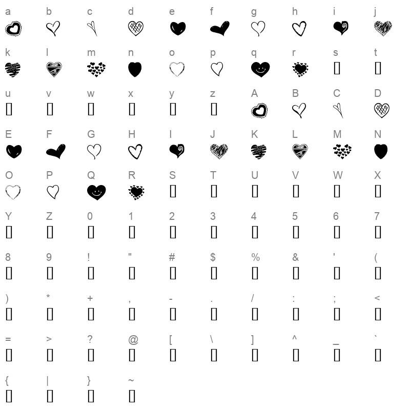 KR Heartalicious Regular Character Map