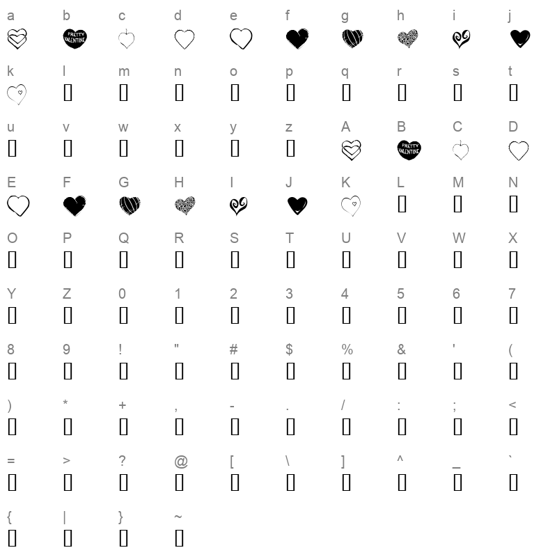 KR Heartfelt Regular Character Map