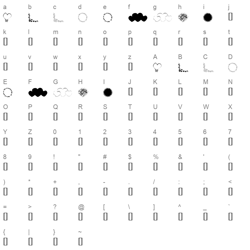 KR Hearts Galore Regular Character Map