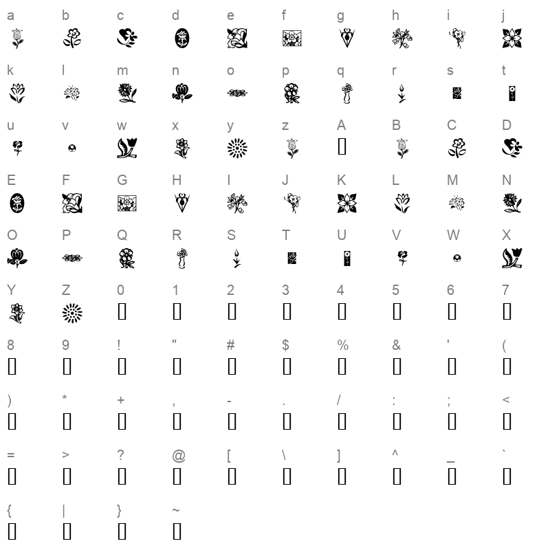 KR Kat's Flowers Regular Character Map