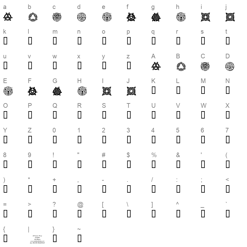 KR Keltic Three Regular Character Map