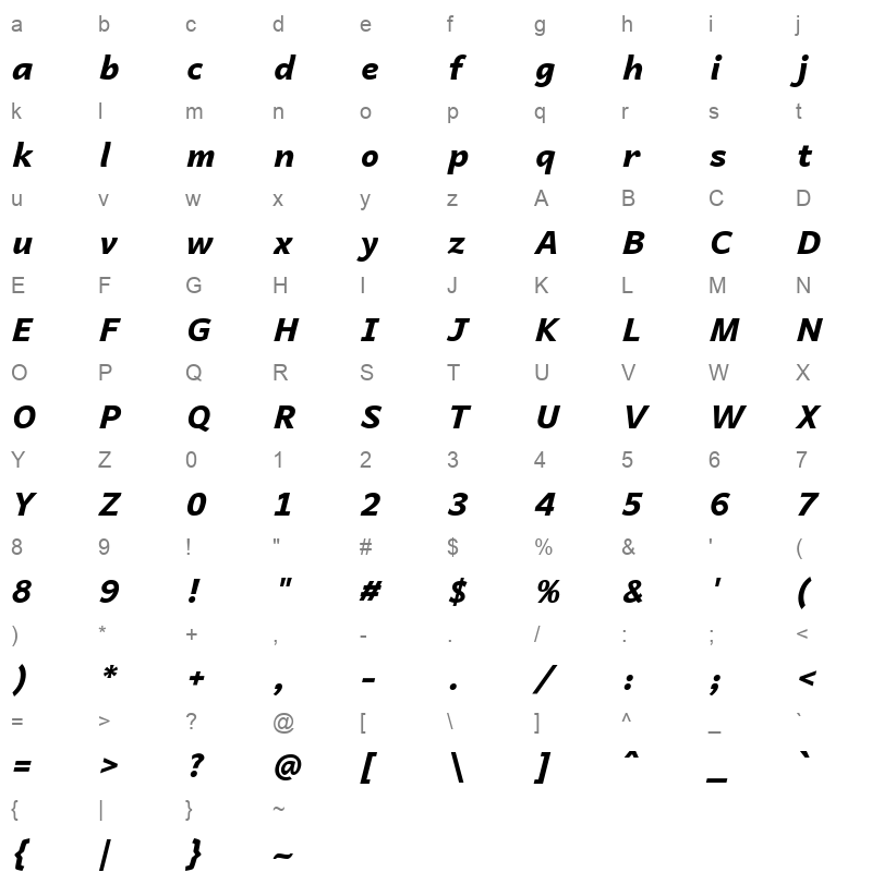 LessonOne ExtraItalic Character Map