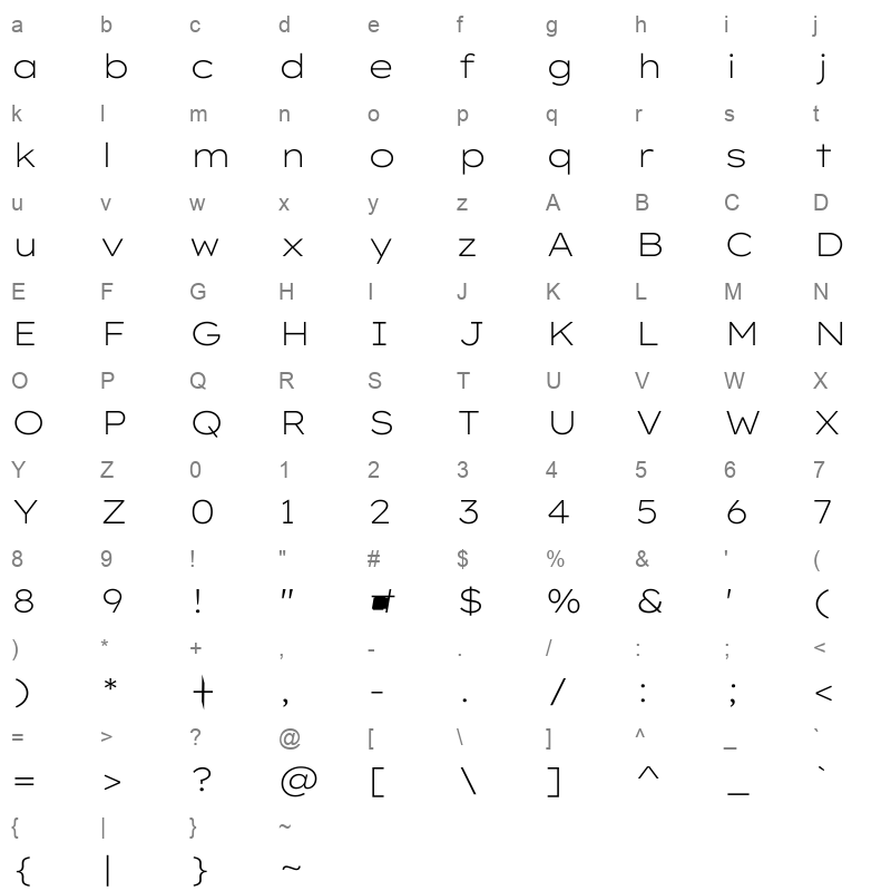LexendTera ExtraLight Character Map
