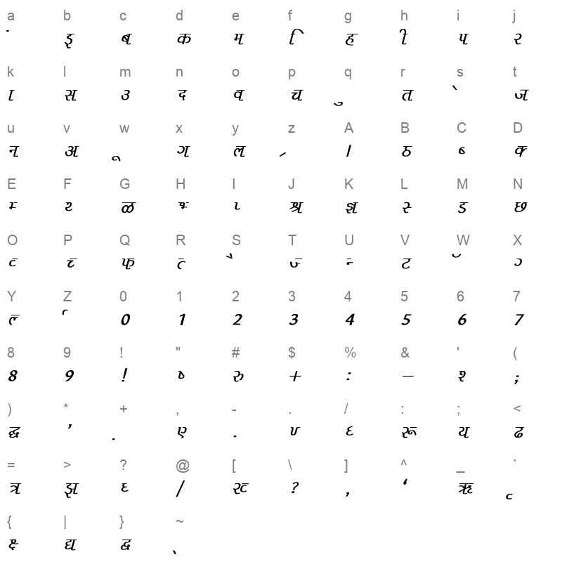 Liza Bold Italic Character Map