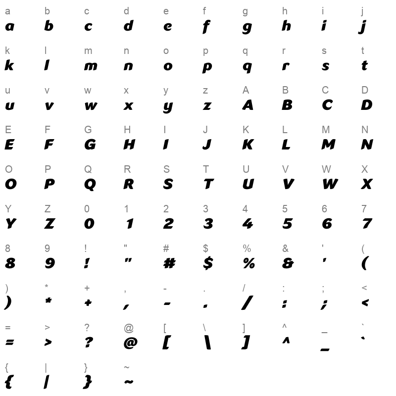 LT Flode Neue Black Italic Character Map
