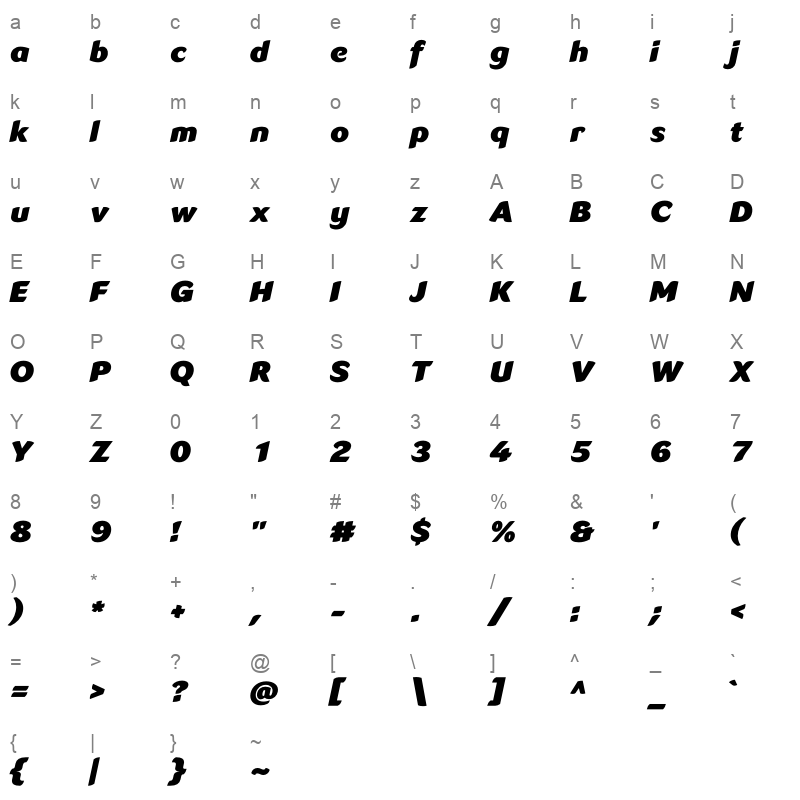 LT Flode Neue Extra Black Italic Character Map