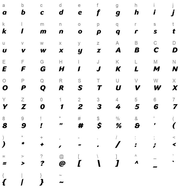 LT Flode Neue ExtraBoldItalic Character Map