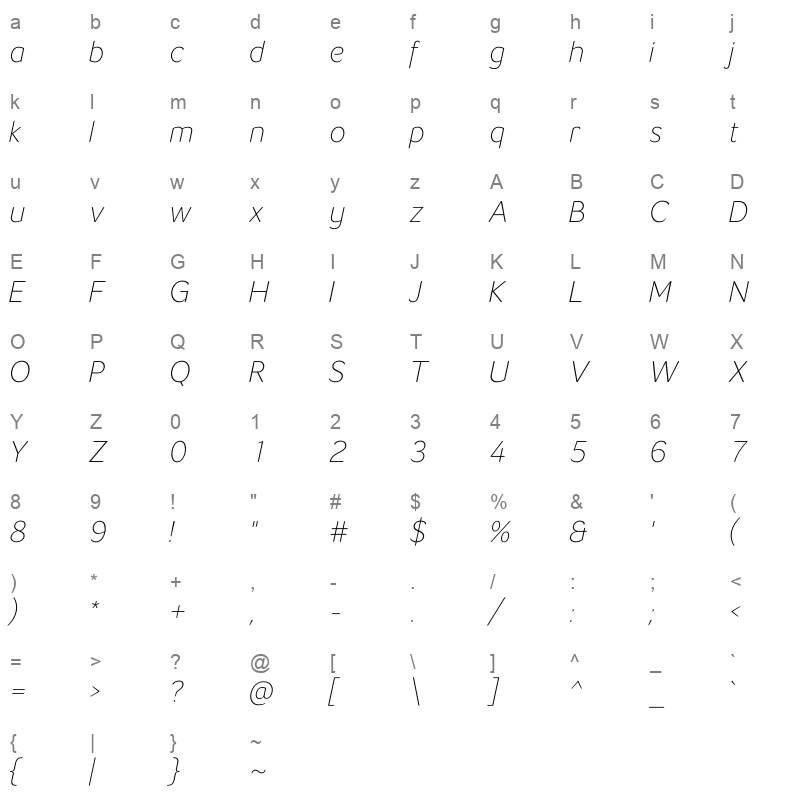 LT Flode Neue ExtraL ight Italic Character Map