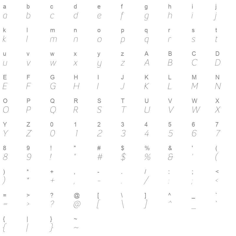 LT Flode Neue Thin Italic Character Map