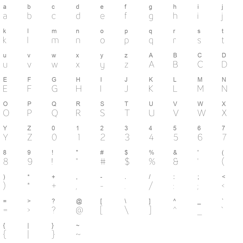 LT Flode Neue Thin Character Map