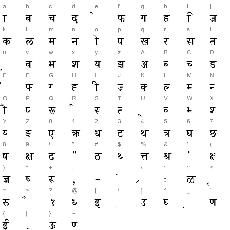 Marathi Saras Normal Character Map