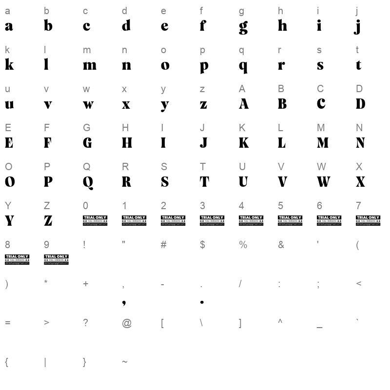 Mazaeni Bold Character Map