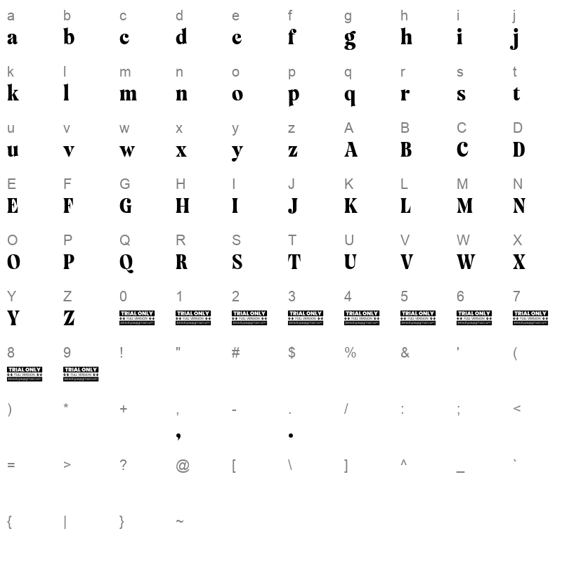 Mazaeni Medium Character Map