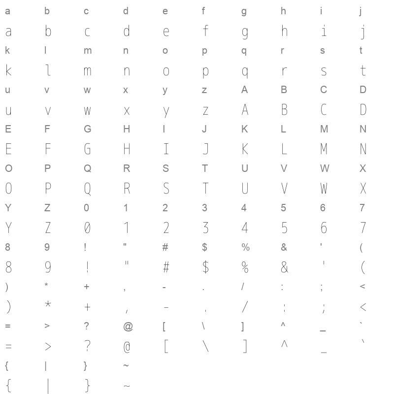 Mgen+ 1m thin Character Map