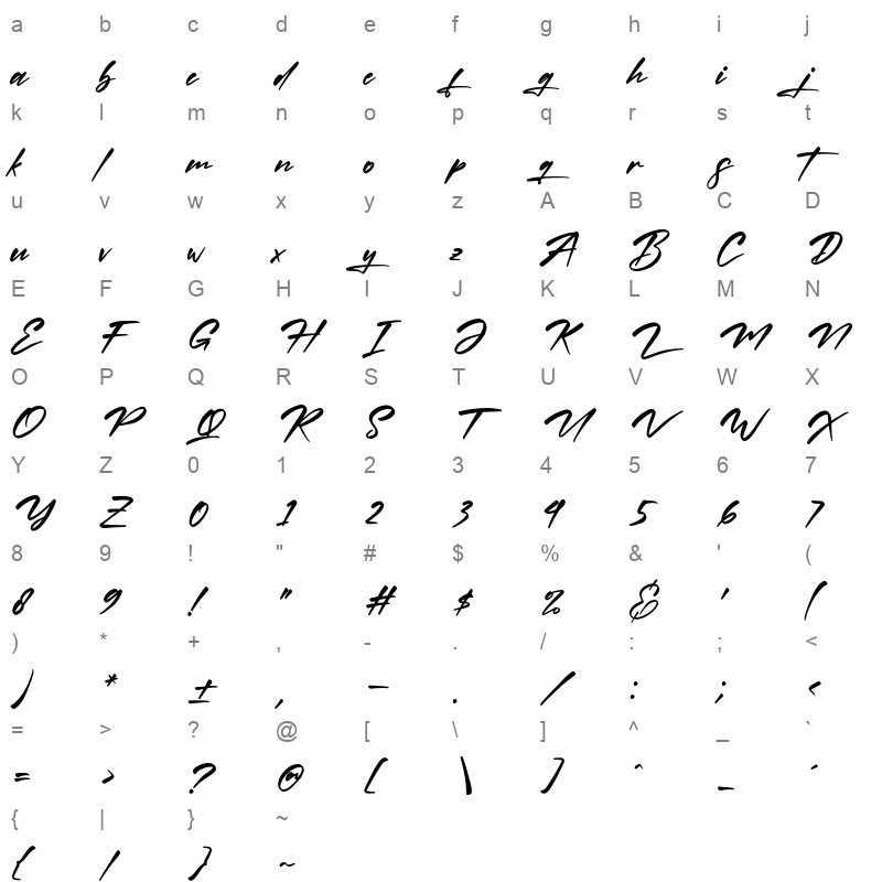 Miss Gymick Italic otf Character Map