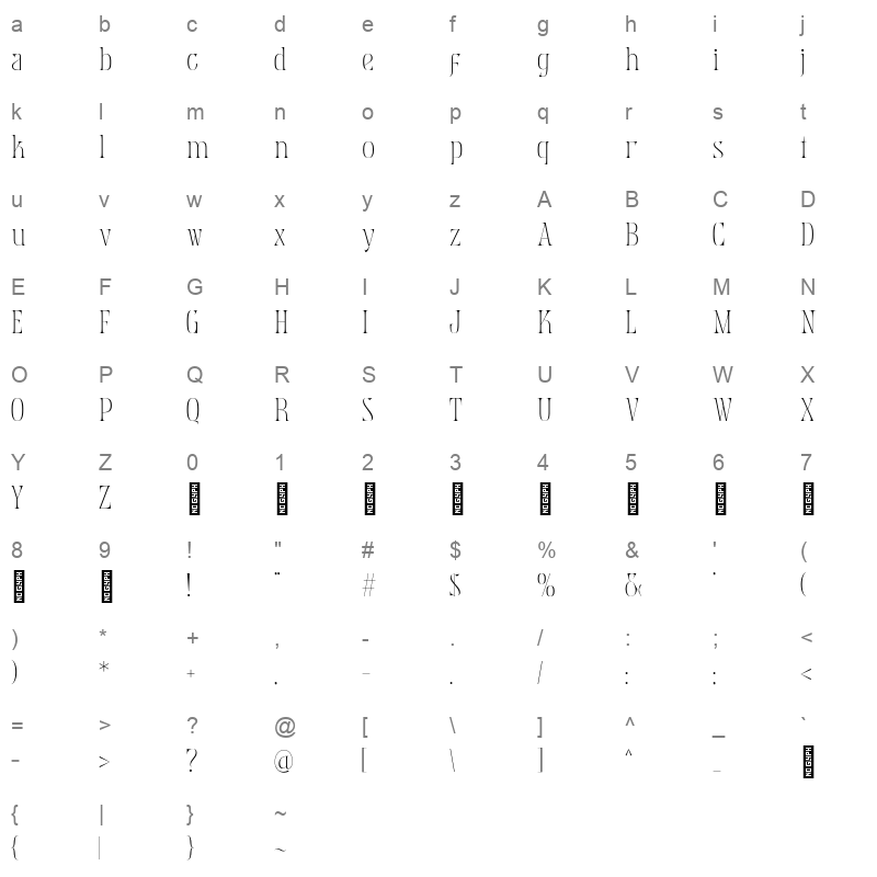 Mobern Fashion Thin Character Map