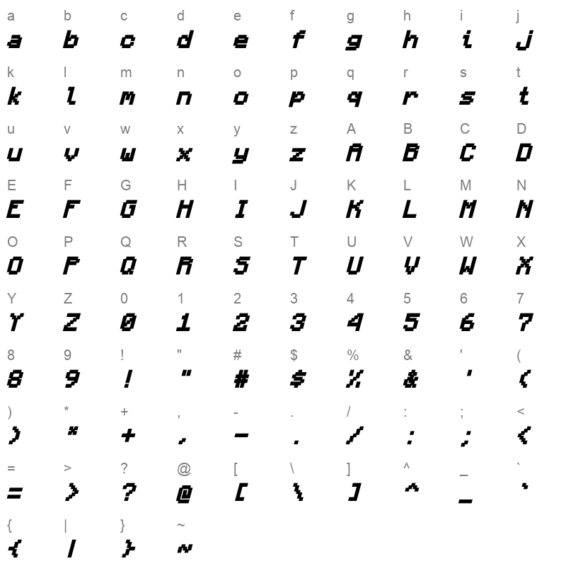 Monocraft Black Italic Character Map