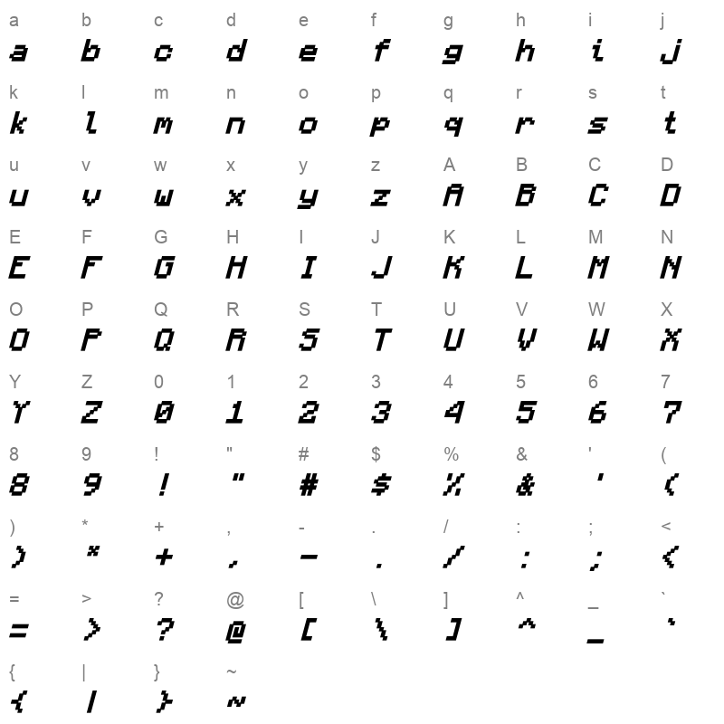 Monocraft Bold Italic Character Map