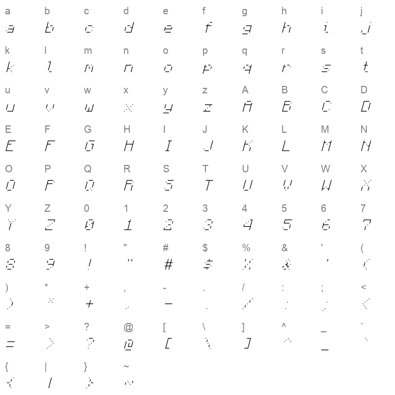 Monocraft ExtraLight Italic Character Map