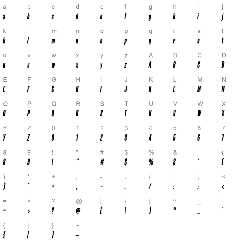 Morganite Black Italic Character Map