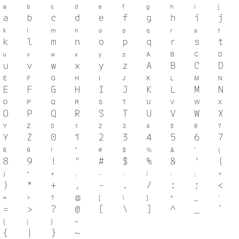 MPLUSCodeLatin Expanded ExtraLight Character Map