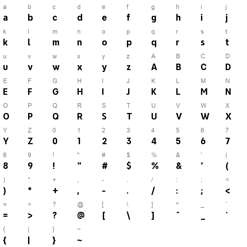 Never Mind Condensed Bold Character Map