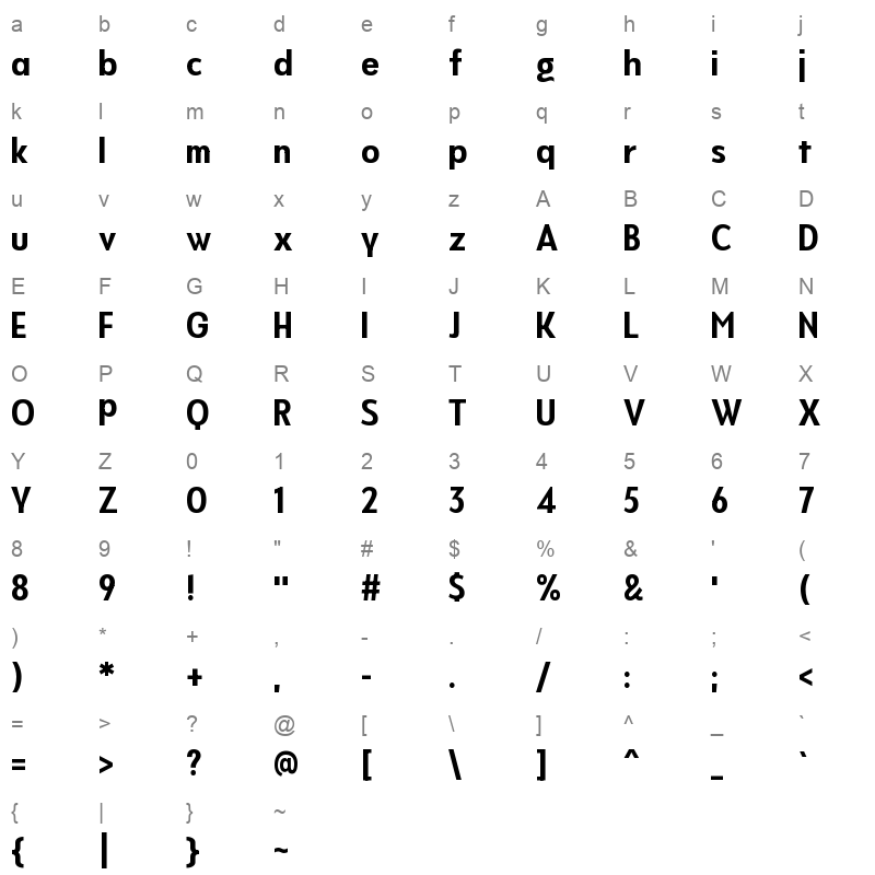 Never Mind Display Condensed Bold Character Map