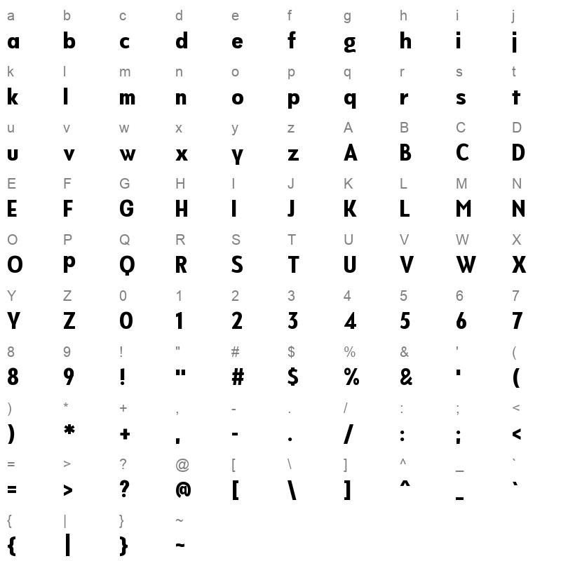 Never Mind Display Condensed Extra bold Character Map