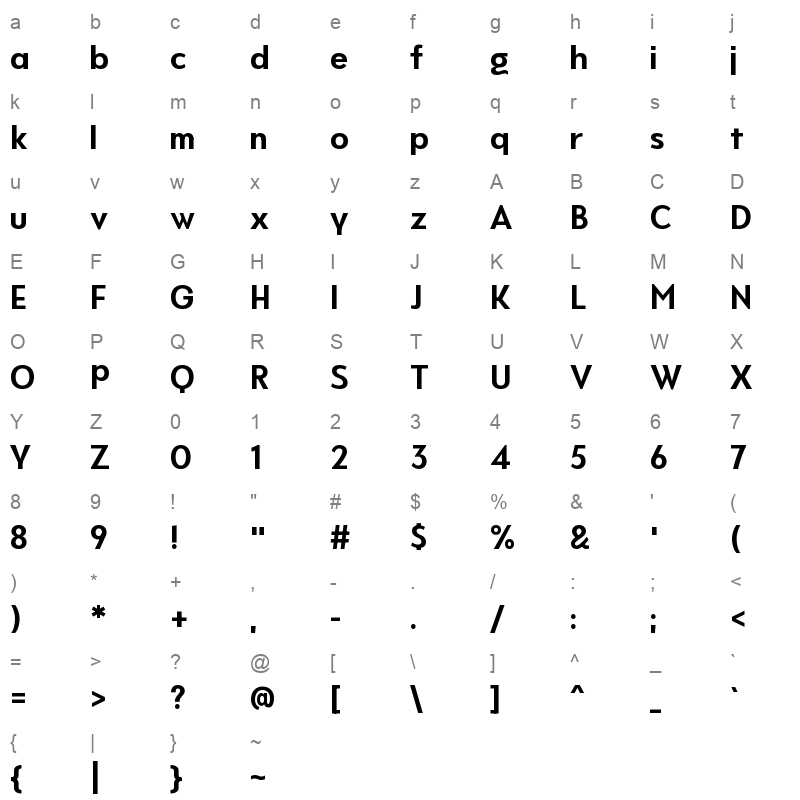 Never Mind Display Semi Condensed Bold Character Map