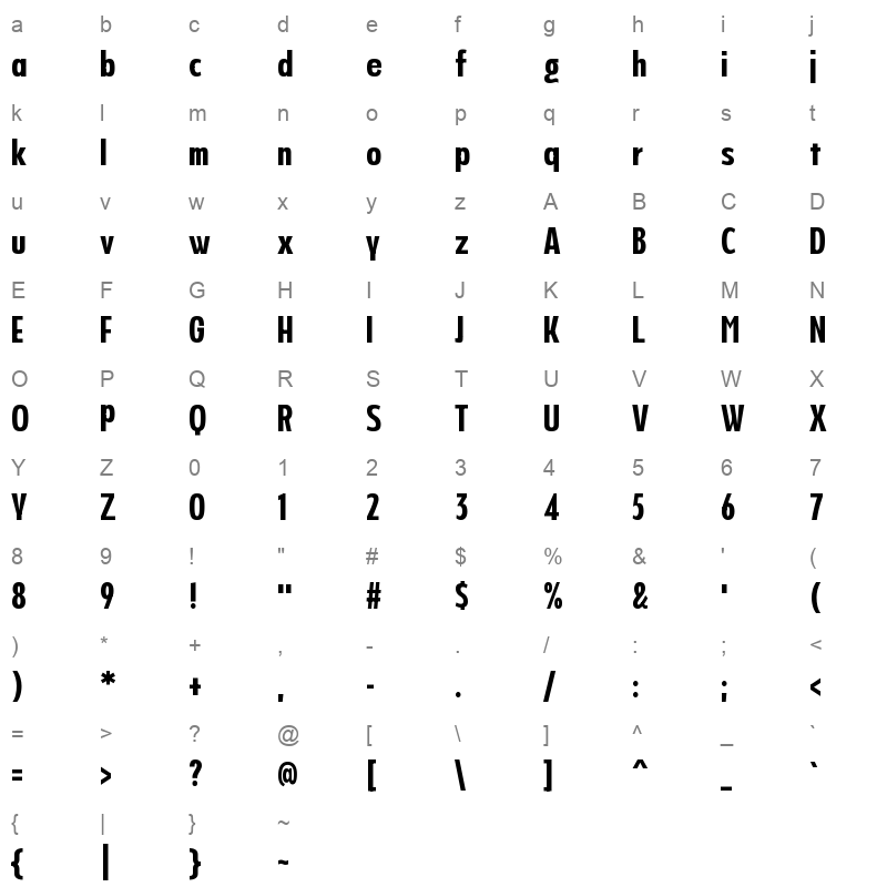 Never Mind Display Ultra Condensed Bold Character Map
