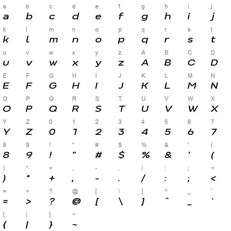 Never Mind Extended Demi Bold Italic Character Map