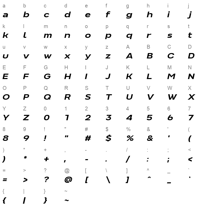 Never Mind Extended Extra bold Italic Character Map