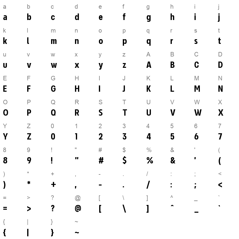 Never Mind Extra Condensed Bold Character Map