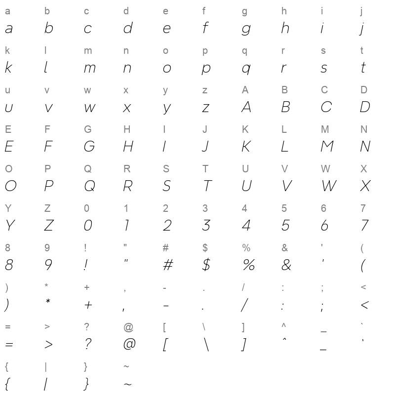 NeverMind ExtraLightItalic Character Map