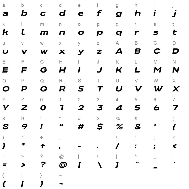 NeverMindExtraExtended HeavyItalic Character Map