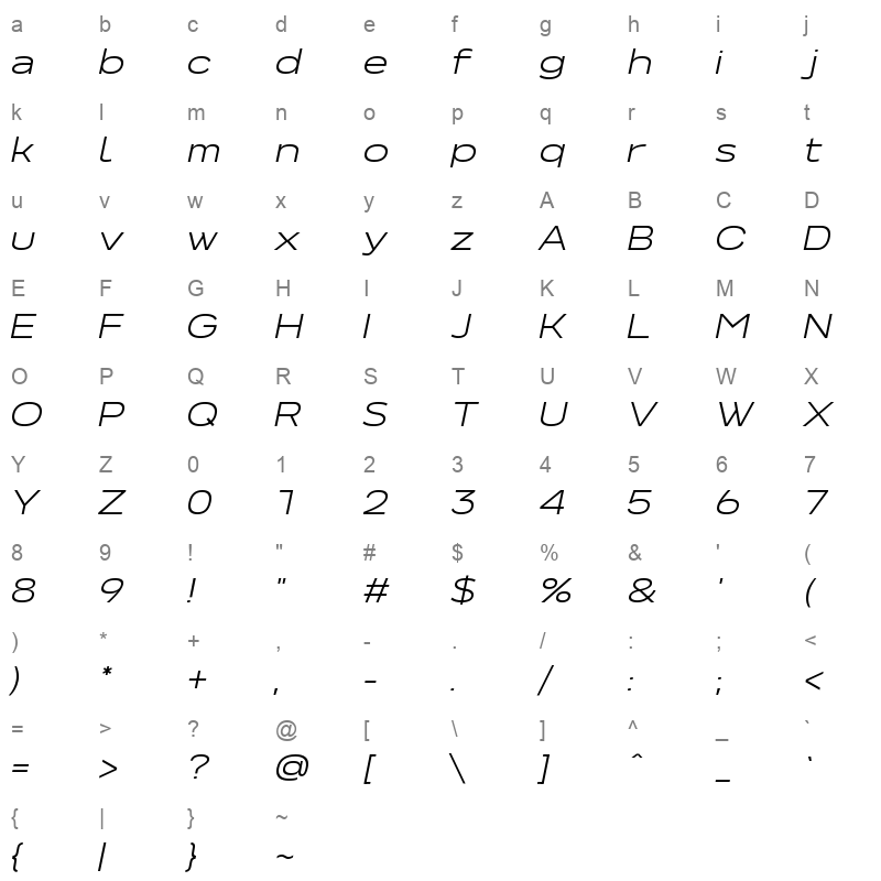 NeverMindExtraExtended LightItalic Character Map