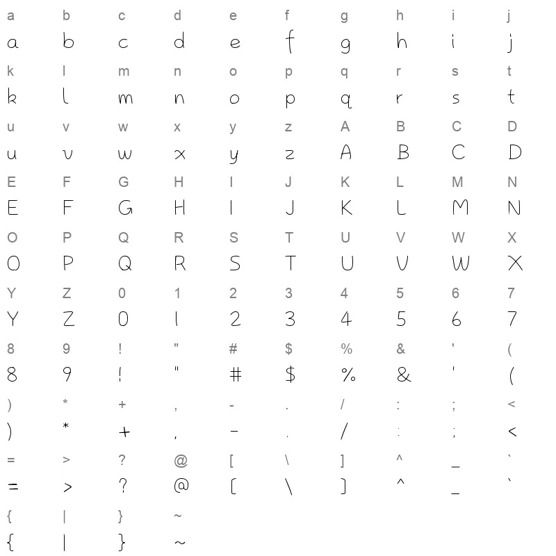 NeverMindHandwriting Thin Character Map