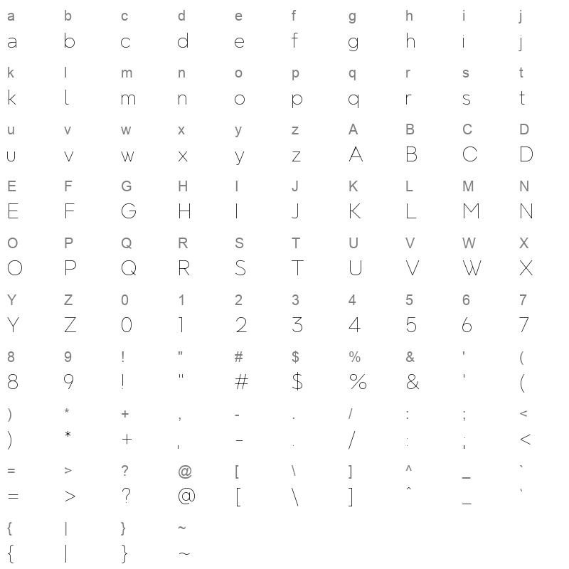 NeverMindHeadline Thin Character Map