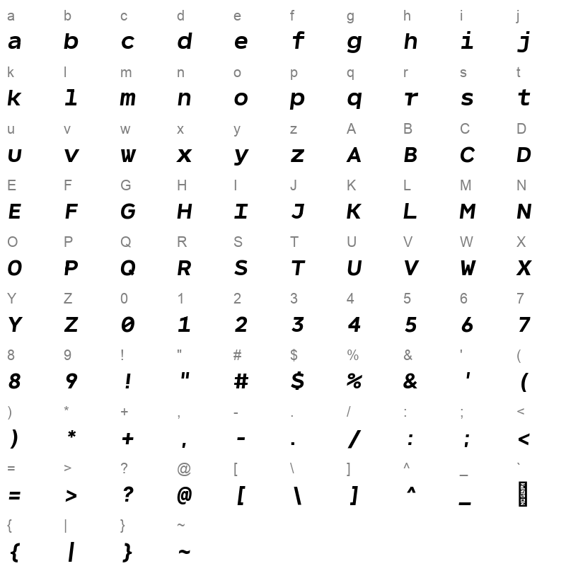 NeverMindMono Bolditalic Character Map