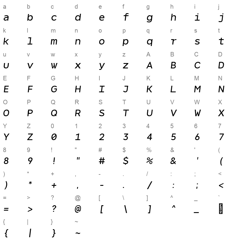 NeverMindMono Mediumitalic Character Map