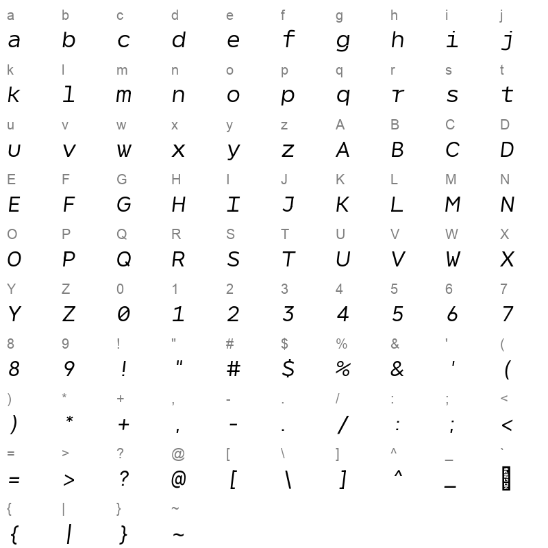 NeverMindMono Regularitalic Character Map