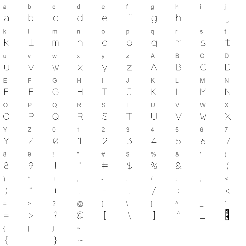 NeverMindMono Thin Character Map