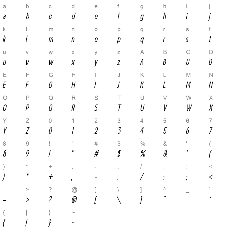 NeverMindUltraCondensed LightItalic Character Map